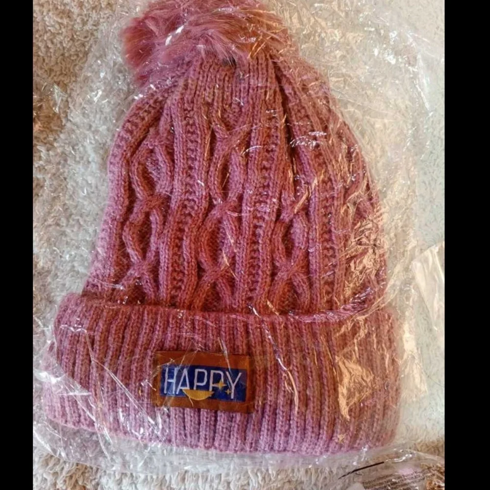 Pink Knit Beanie with Pom Pom and HAPPY Patch – Cozy Winter Hat for Women mt39